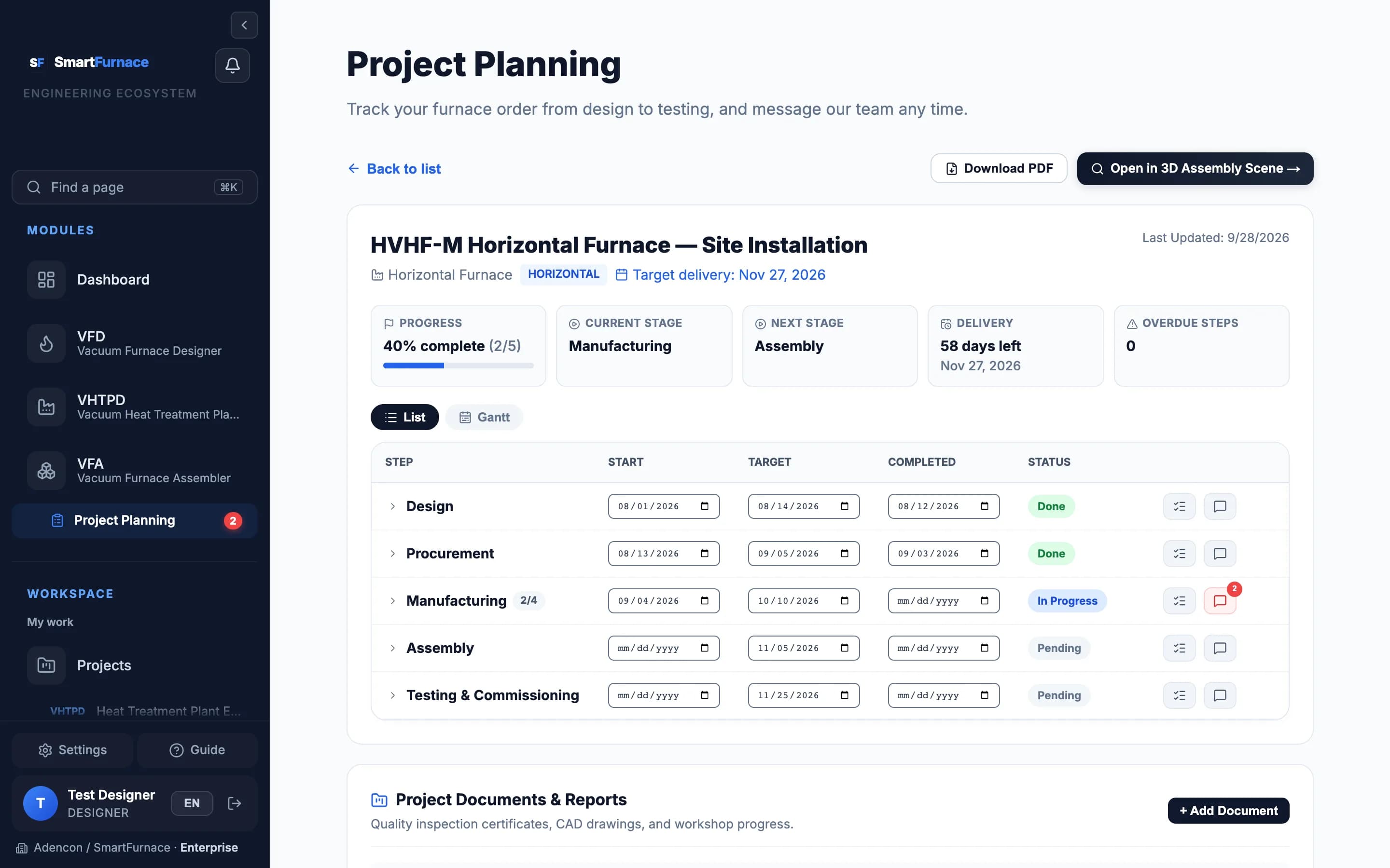 Project Planning screen: progress, current stage, and the stages design, procurement, manufacturing, assembly and testing with dates and status