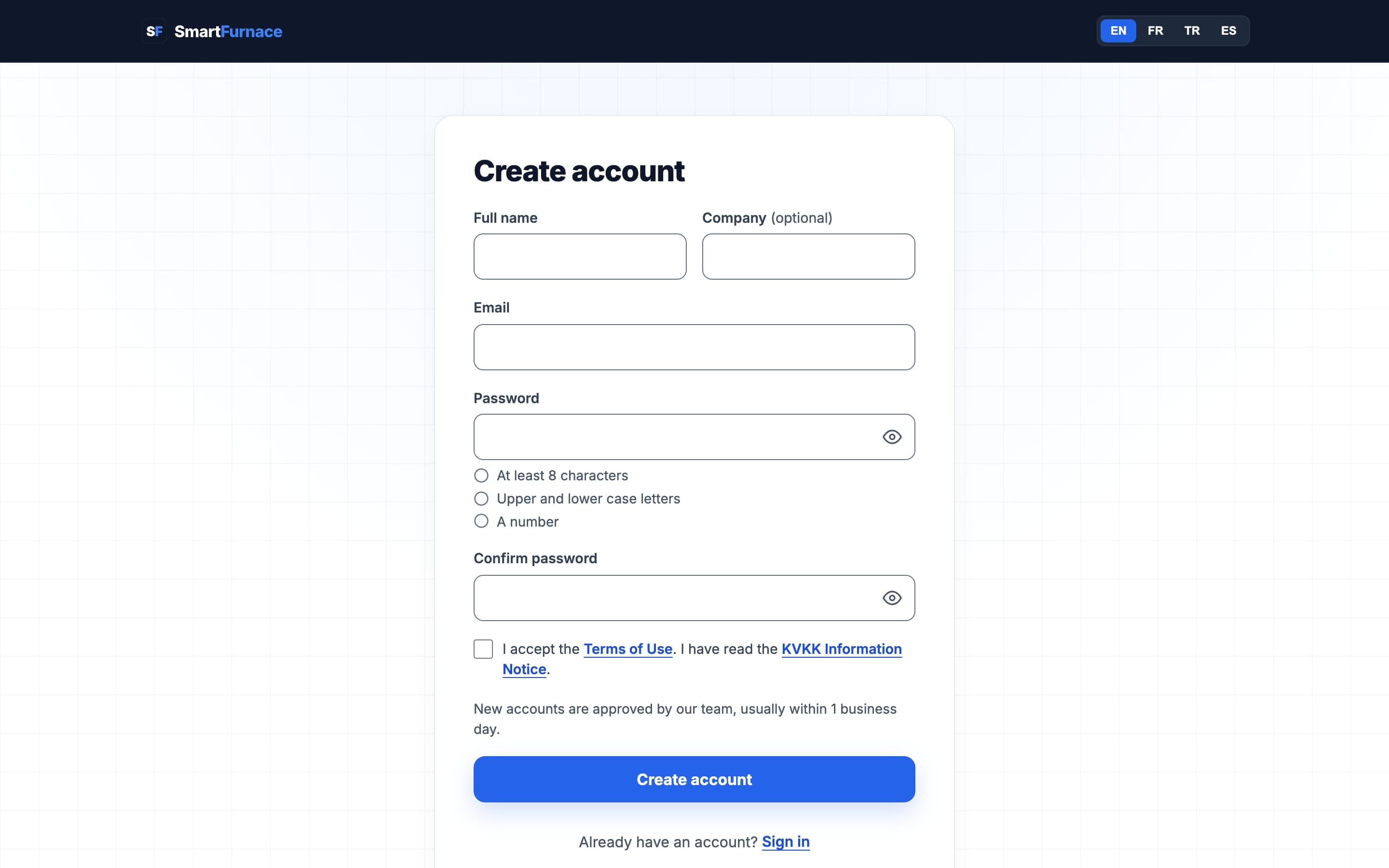 Registration page
