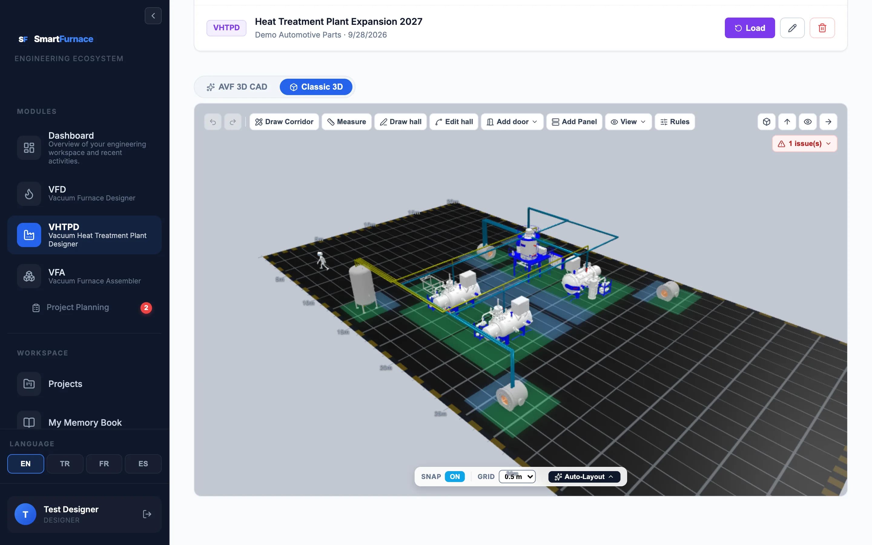 3D layout of a heat treatment hall with four vacuum furnaces, a buffer tank, cooling units, piping and a layout toolbar